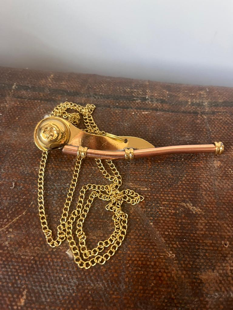Vintage koperen fluitje met ketting, Antiek en Kunst, Ophalen of Verzenden