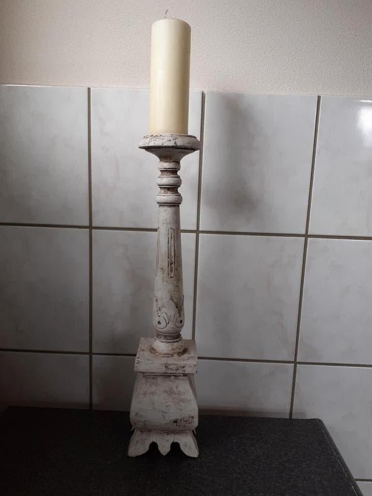 Kaars kandelaar 50 cm hoog en met kaars 66 cm hoog, Ophalen, Gebruikt, Crème, Kandelaar