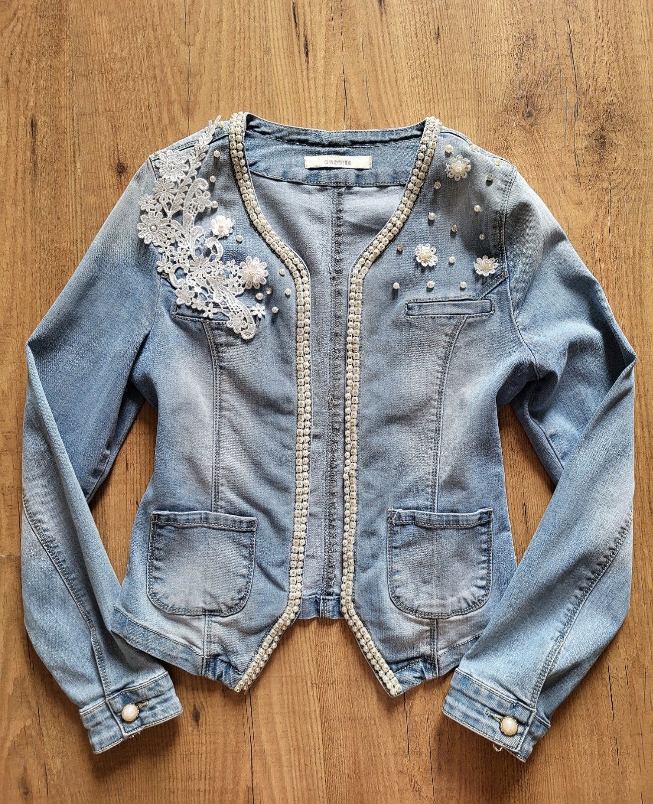 Prachtig Goodies denim jasje met kant en parels Maat S, Blauw, Ophalen of Verzenden, Zo goed als nieuw, Jasje