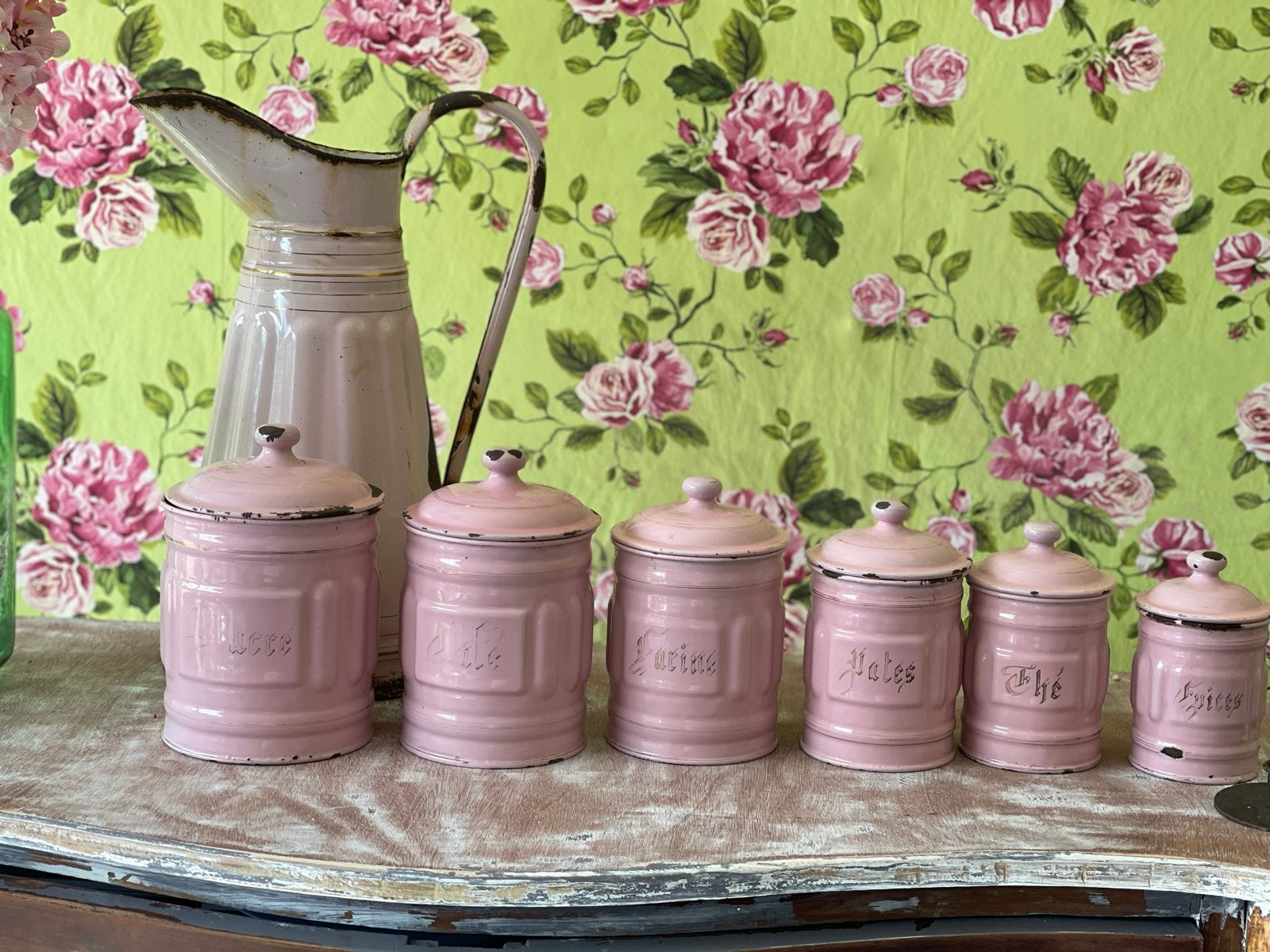 Set van 6 antieke emaille voorraadpotten - roze, Ophalen of Verzenden