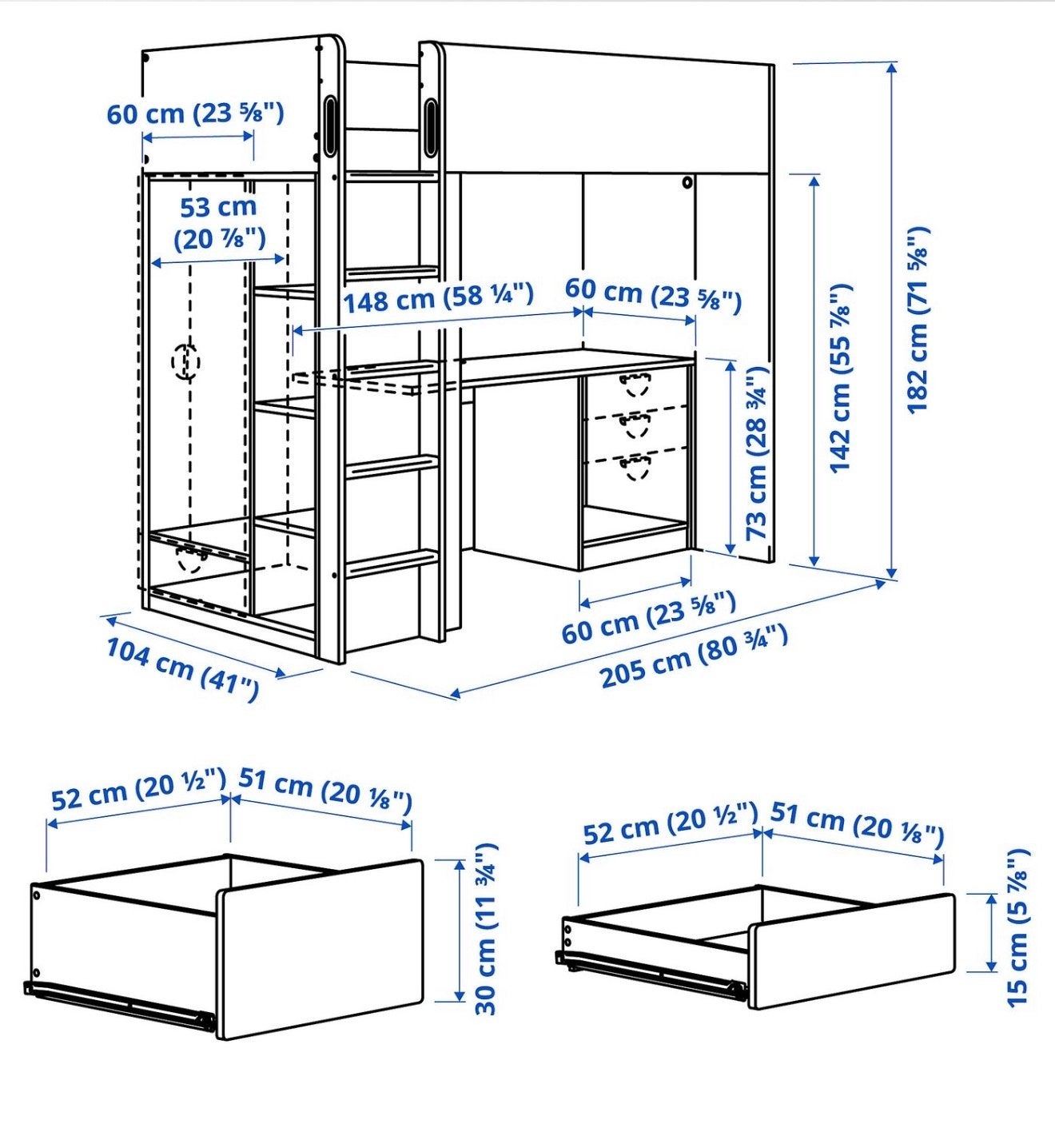 IKEA SMÅSTAD Hoogslaper met bureau en opbergruimte, Ophalen, Eenpersoons, Zo goed als nieuw, 200 cm