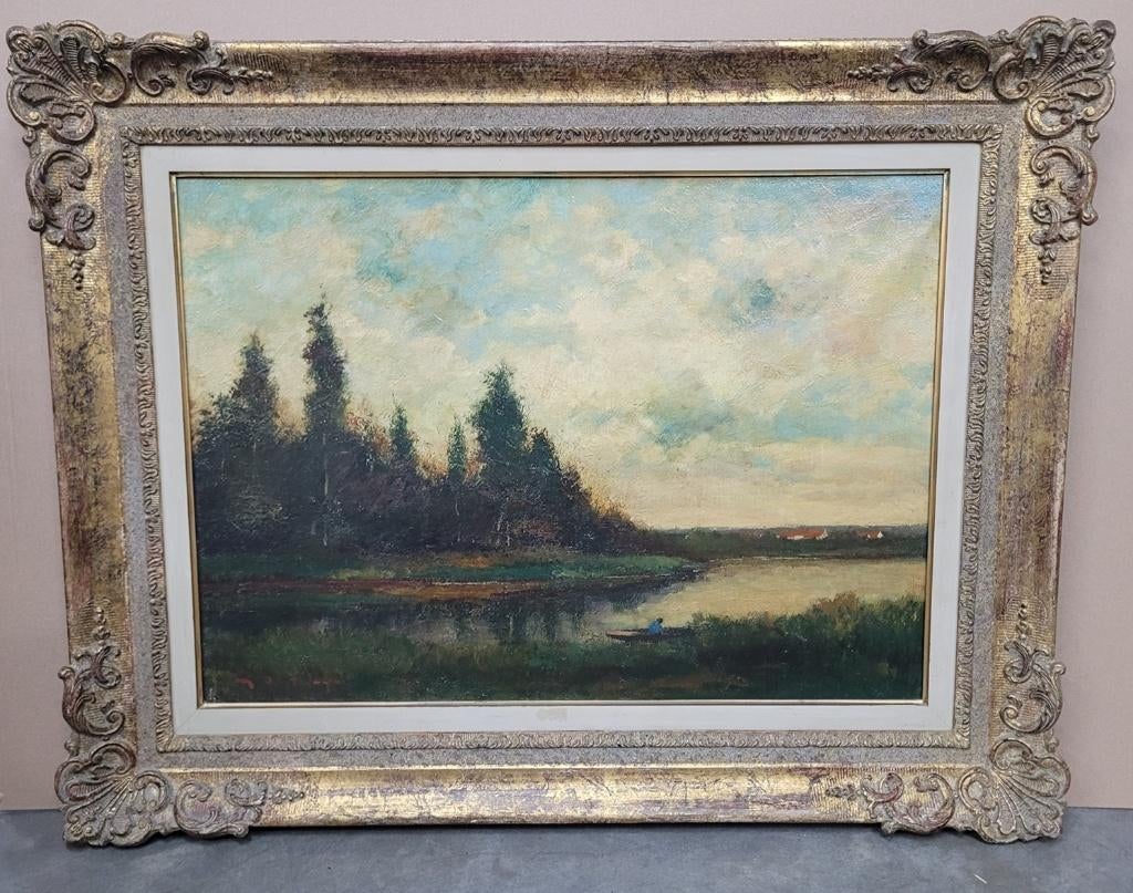 Maurice DE MEYER, vijverlandschap met roeier, Antiek en Kunst, Kunst | Schilderijen | Klassiek, Ophalen of Verzenden