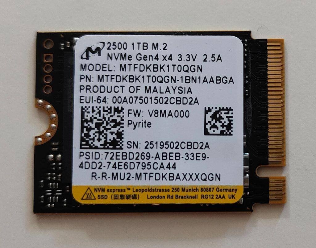 Micron 2500 1TB NVMe SSD M.2 2230 - PCIe Gen4 - Steam Deck, Intern, SSD, Ophalen of Verzenden, Zo goed als nieuw