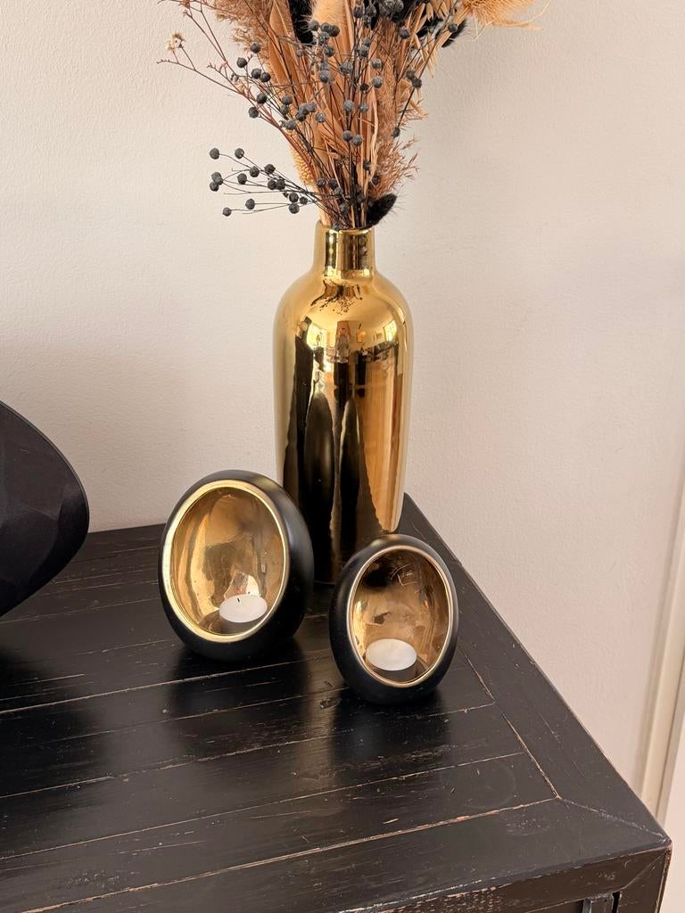 Gouden vaas en zwarte theelichthouders set, Huis en Inrichting, Woonaccessoires | Vazen, Ophalen, Overige materialen, Zwart, Zo goed als nieuw