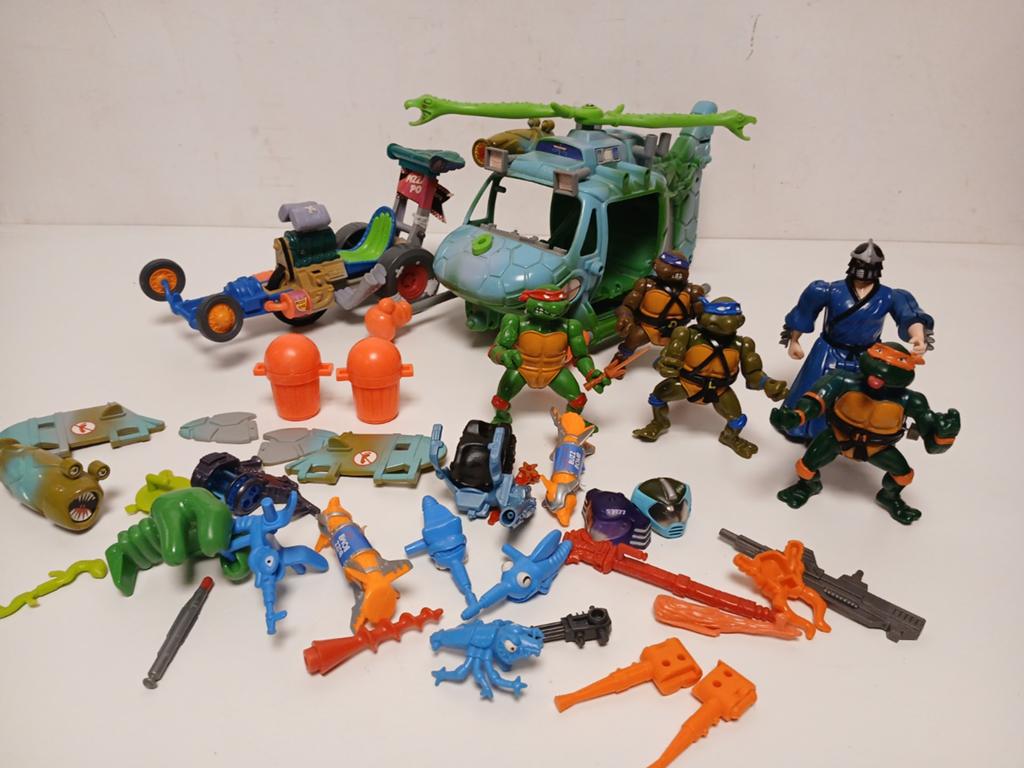 Vintage lotje turtles tmnt dragster, helicopter en figuren, Ophalen of Verzenden