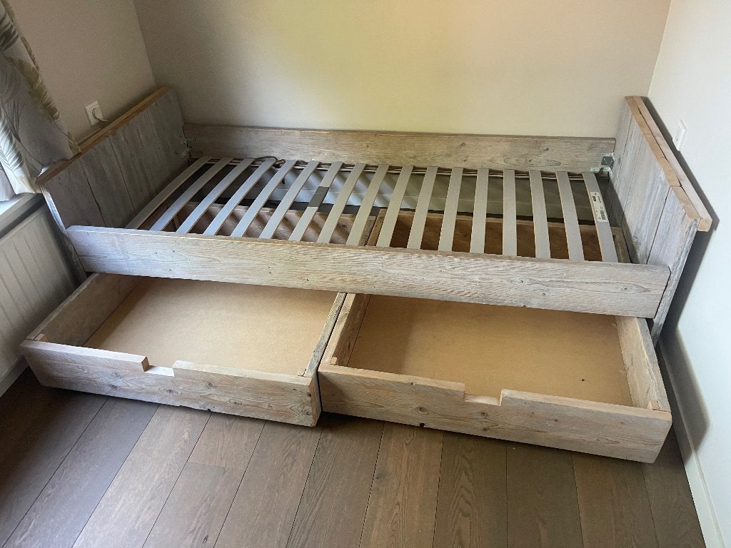 Bed steigerhout met opbergruimte, Ophalen, 90 cm, Eenpersoons, Steigerhout