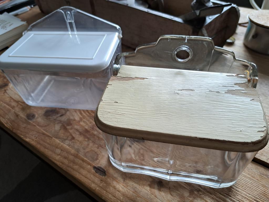 Vintage Zoutpotten / Opbergpotten - Glas en Hout, Ophalen of Verzenden