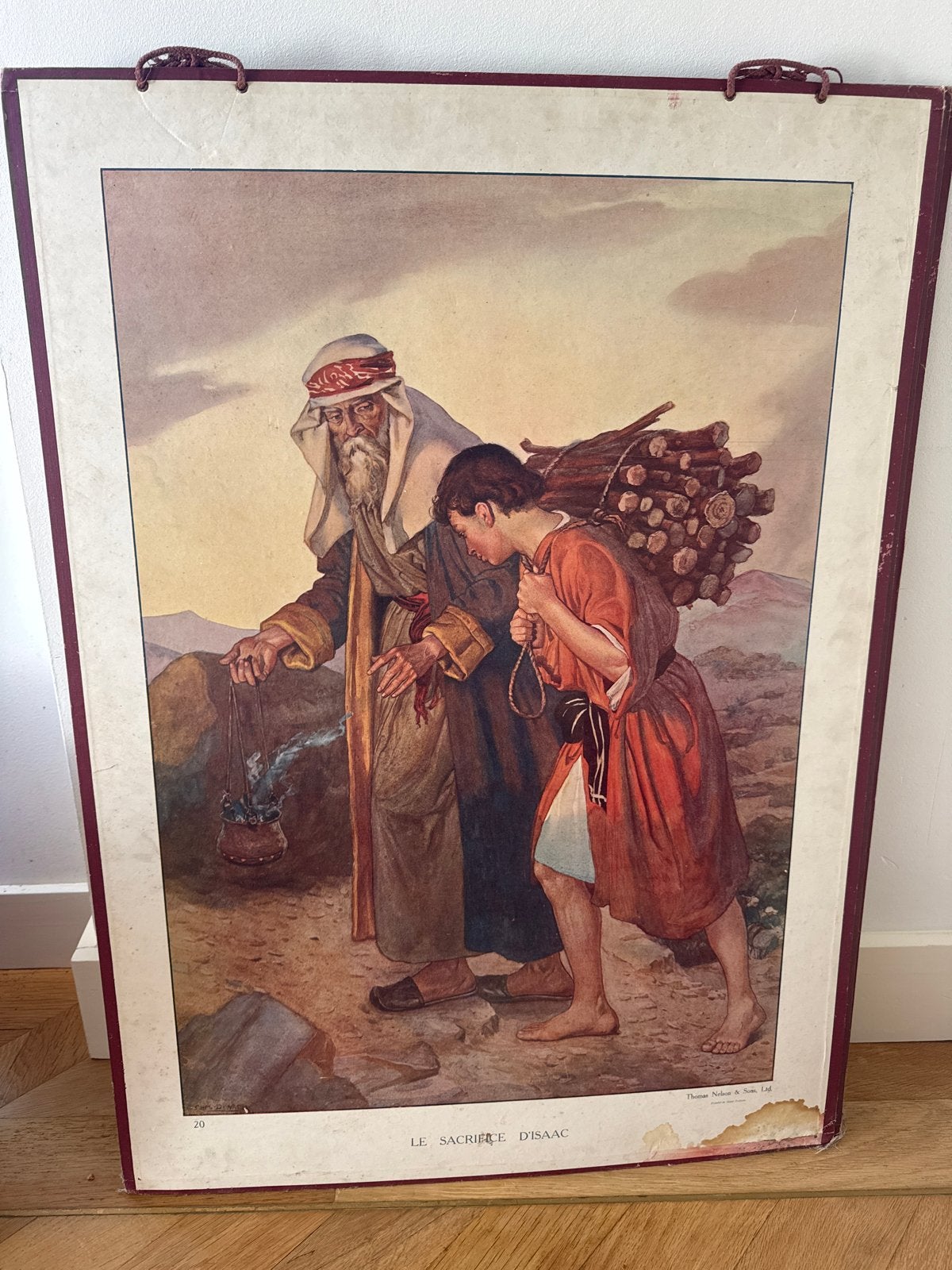 Vintage schoolplaat Abraham en Isaac - Bijbelse voorstelling, Ophalen of Verzenden, Overige thema's