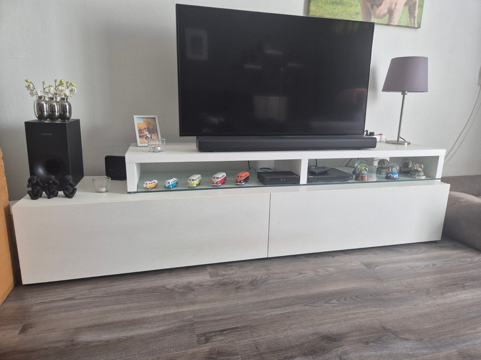 Tv meubel 2 delig wit met glasplaat, Ophalen, Gebruikt, Wit, 200 cm of meer