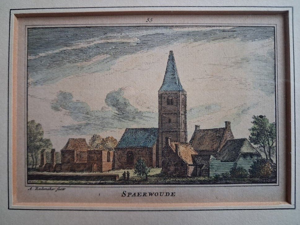Antieke handgekleurde kopergravure 'Spaarnwoude' (ca. 1750), Antiek en Kunst, Ophalen, 18 cm, Stadsgezicht, Gravure