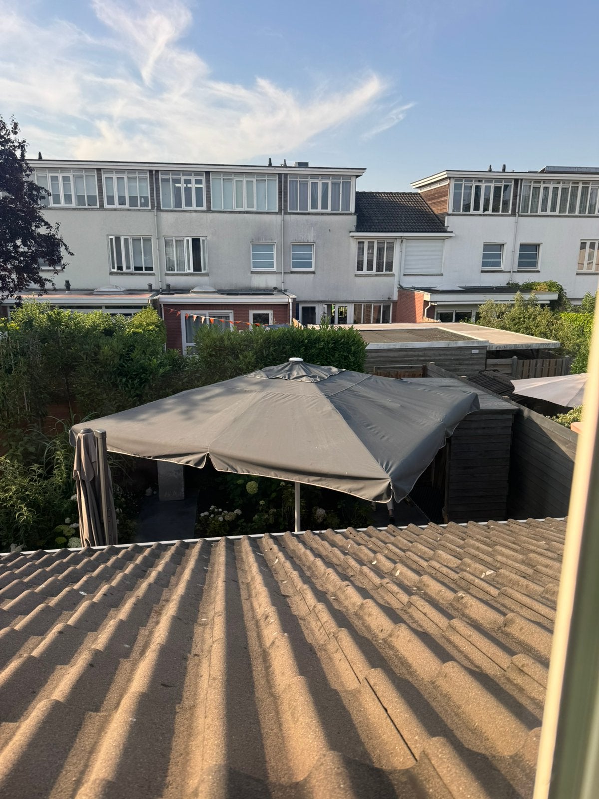 Grote Horeca Parasol 4x4 met Zware Voet, Ophalen of Verzenden, Gebruikt, Meer dan 4 meter, Stokparasol