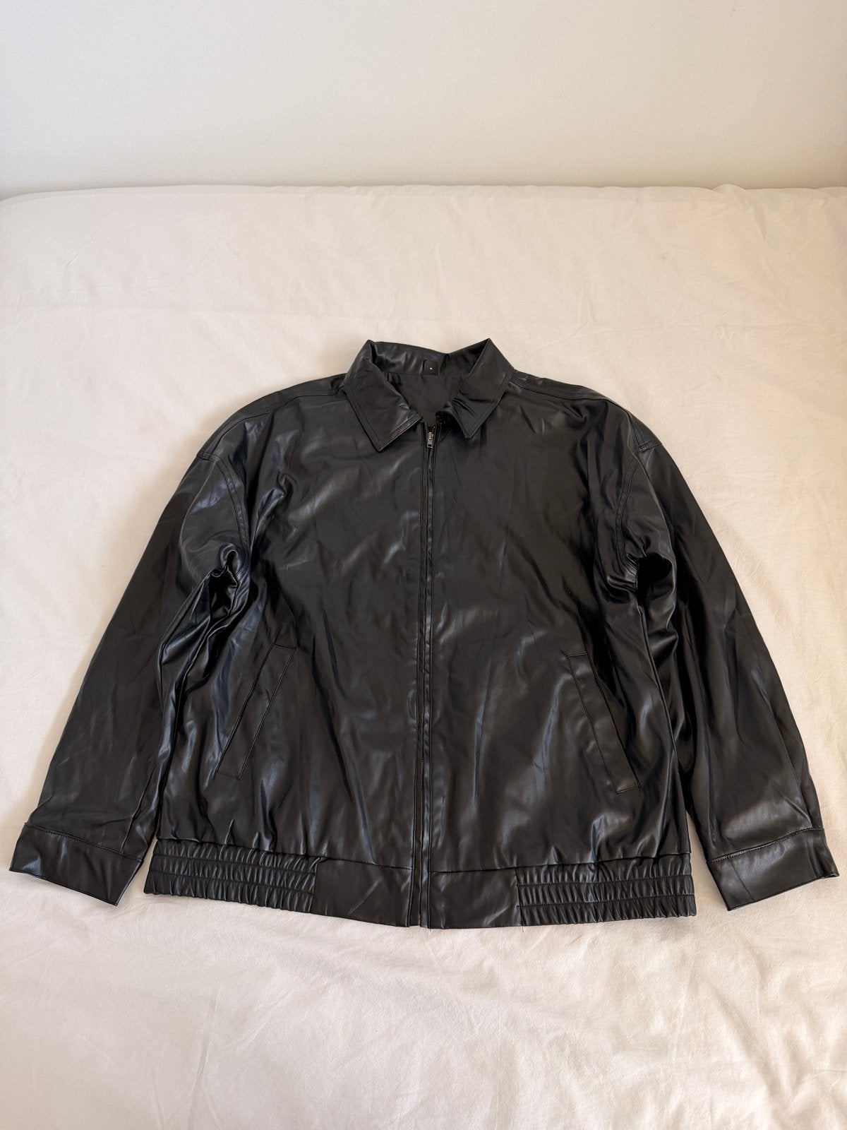 Zwart Faux Leren leather Bomberjack - Maat L, Ophalen of Verzenden, Zo goed als nieuw, Zwart
