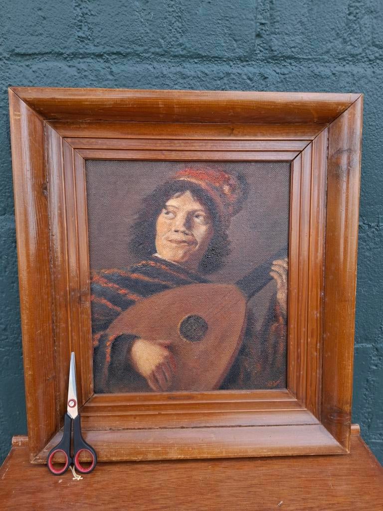 Oud olieverfschilderij – Luitspeler – Ingelijst, Antiek en Kunst, Kunst | Schilderijen | Klassiek, Ophalen