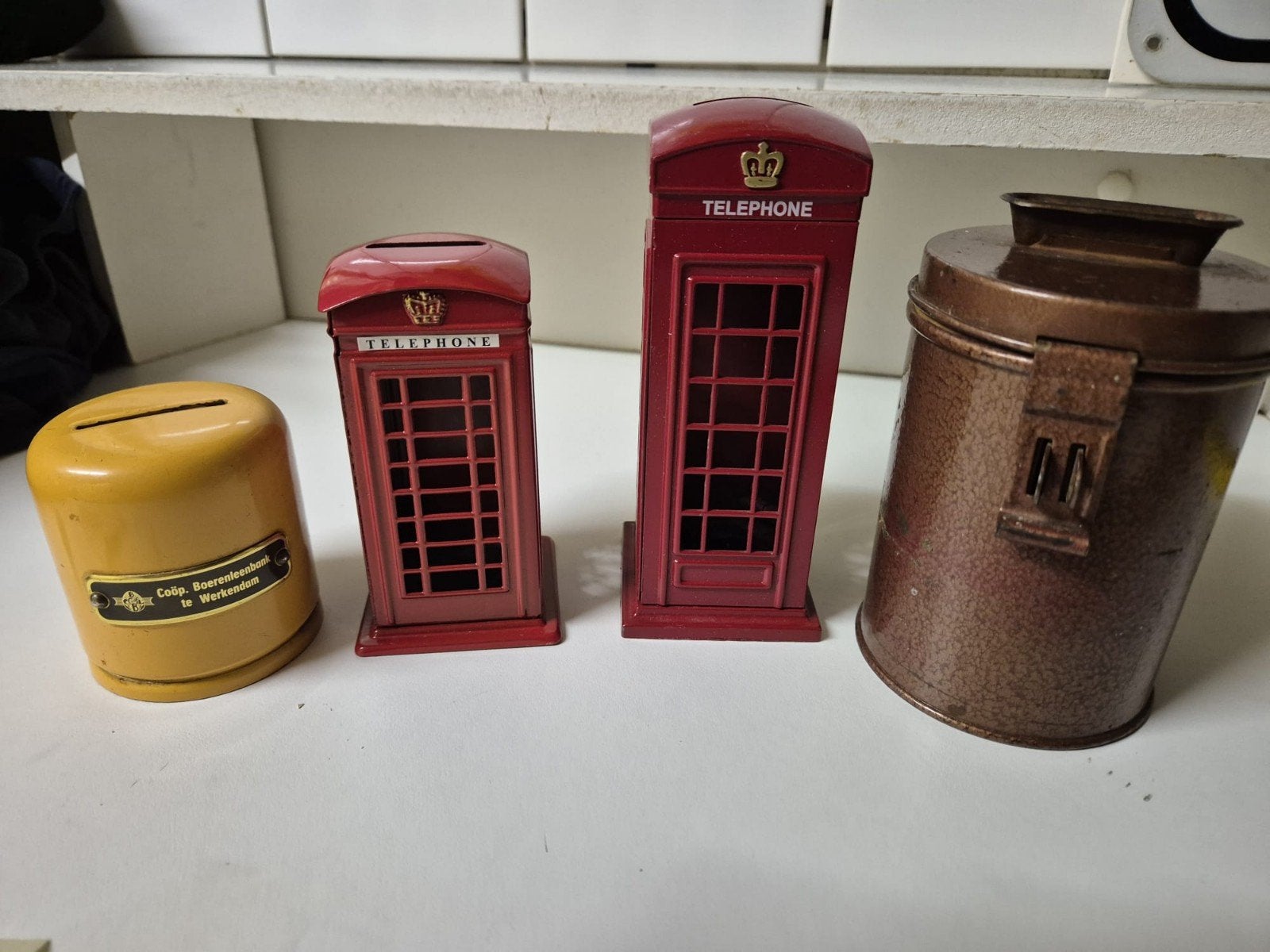 4 Unieke Spaarpotten - Nostalgie voor Verzamelaars, Ophalen of Verzenden, Gebruikt, Metaal of Blik, Object of Gebouw