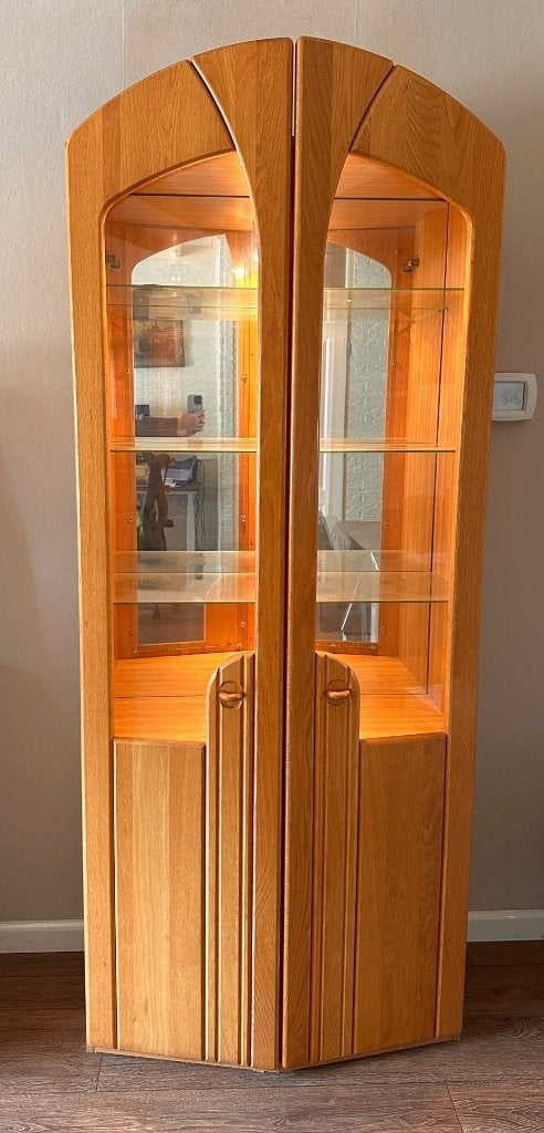 eiken vitrinekast met licht ophalen Tiel, Huis en Inrichting, Kasten | Vitrinekasten, Ophalen, 200 cm of meer, Klassiek blank eiken