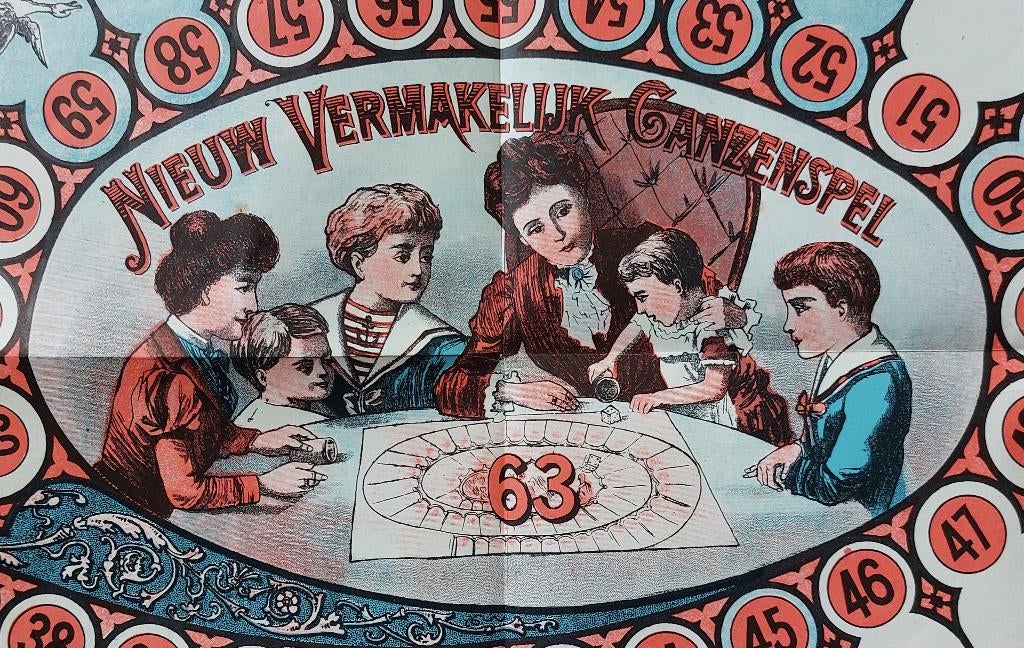 Ganzenbord - origineel omstreeks 1900 met envelop, Hobby en Vrije tijd, Gezelschapsspellen | Bordspellen, Drie of vier spelers