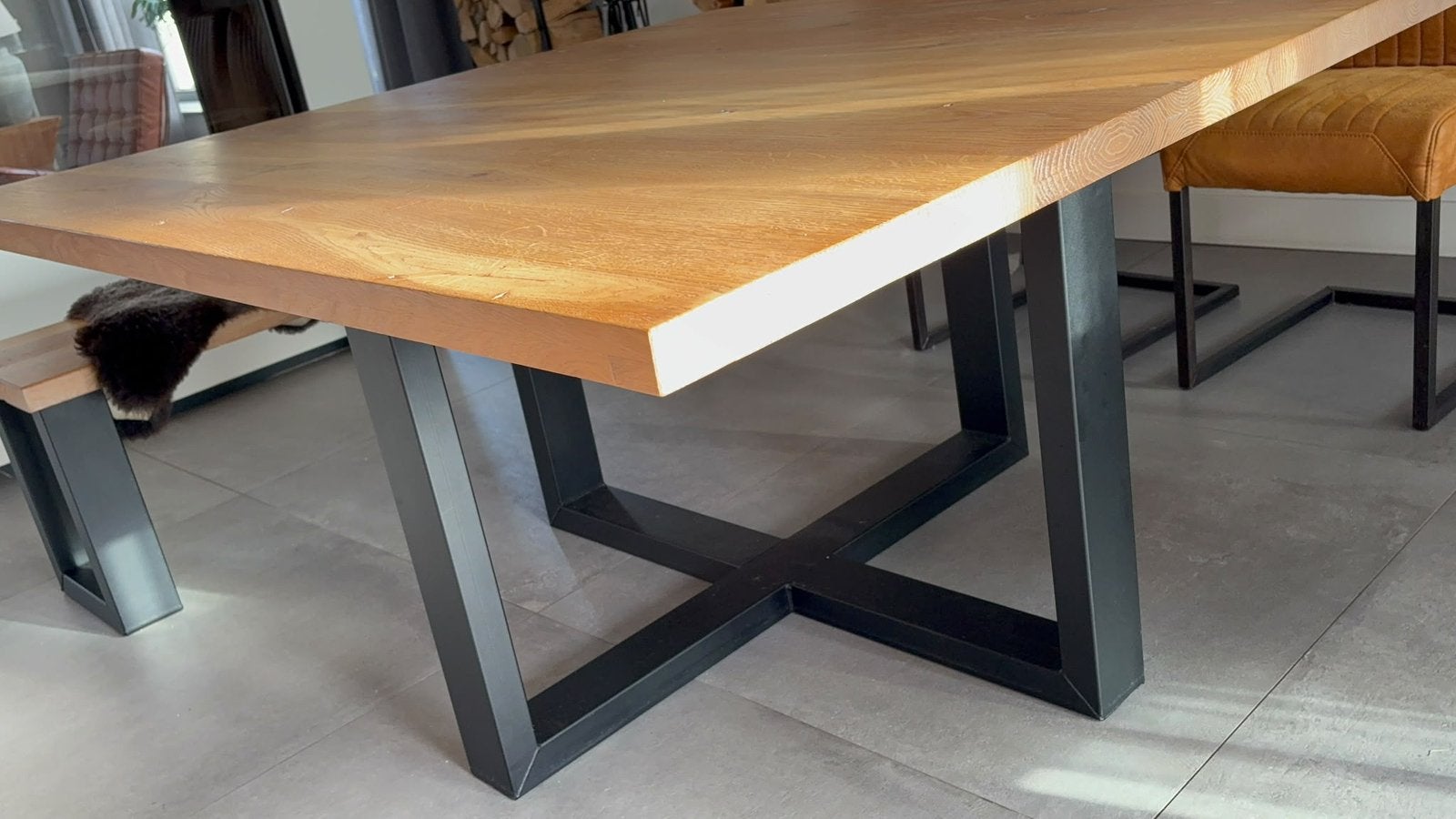 Te koop: Eettafel, eikenhouten blad, 150x150cm, Ophalen, Gebruikt, Vijf personen of meer, 100 tot 150 cm
