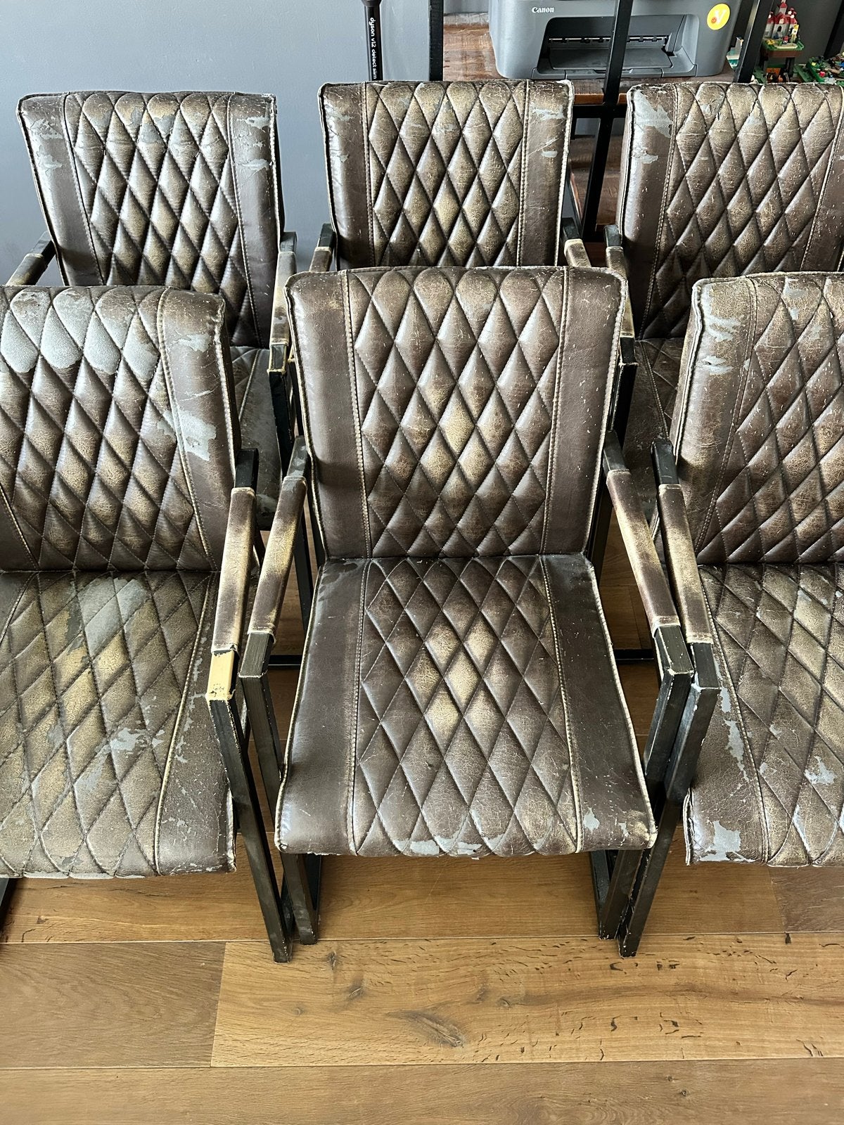 6 vintage stoelen kunstleer ruitpatroon opknapproject, Ophalen, Gebruikt, Bruin, Metaal