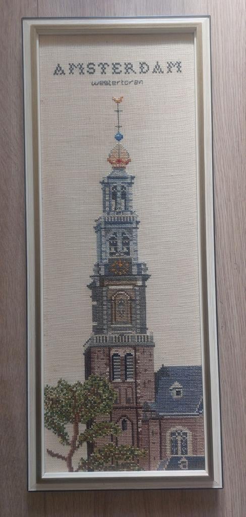 Borduur Schilderij Amsterdam Westertoren, Ophalen of Verzenden, 50 tot 75 cm, Schilderij, 50 tot 75 cm