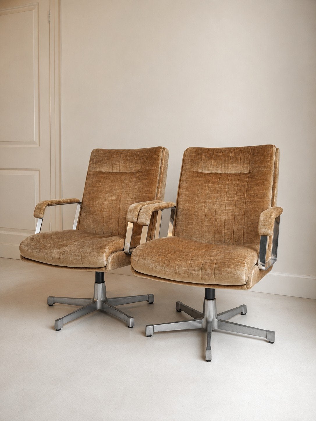 Vintage fauteuils sterpoot, metaal en camel-achtige stof, Ophalen, Gebruikt, 75 tot 100 cm, Stof