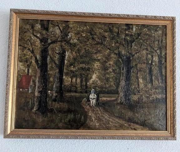 Klassiek olieverfschilderij met bosgezicht en koets, Antiek en Kunst, Kunst | Schilderijen | Klassiek, Ophalen