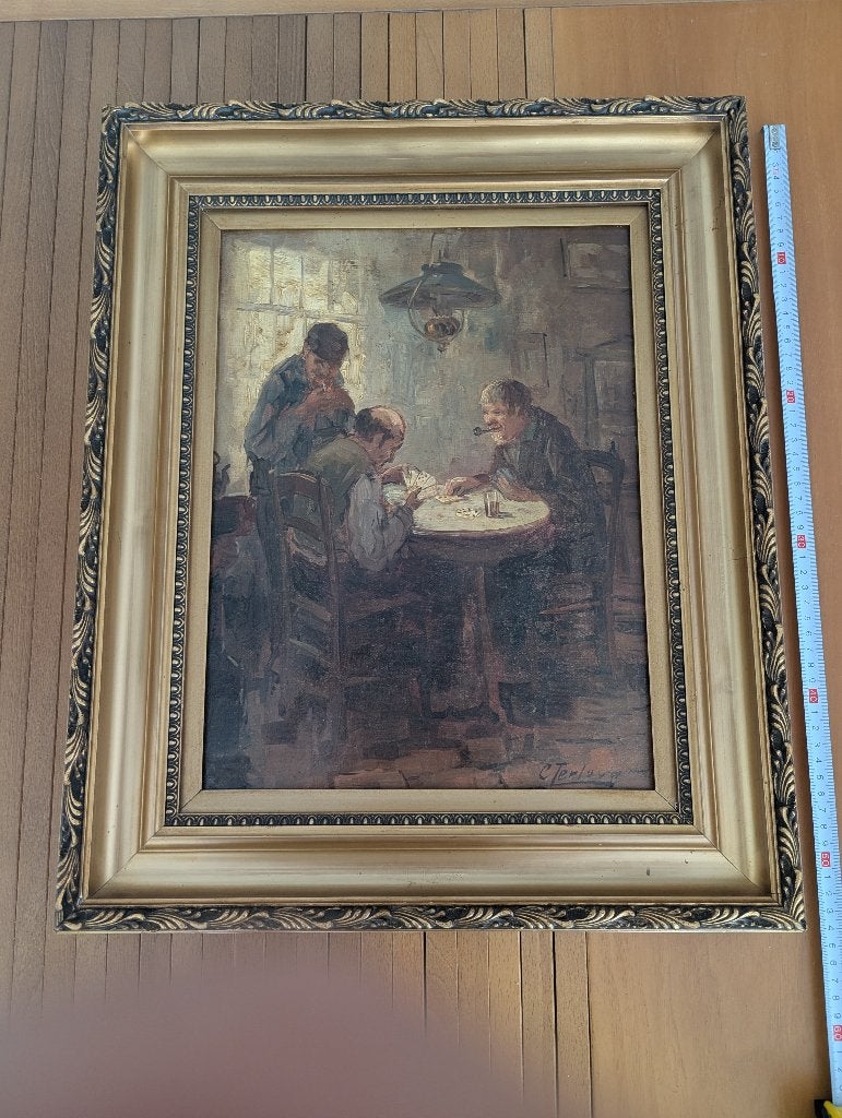 Olieverfschilderij: Kaartspelende Mannen - Cornelis Terlouw, Antiek en Kunst, Ophalen, Doek, Portret of Personen, Realistisch