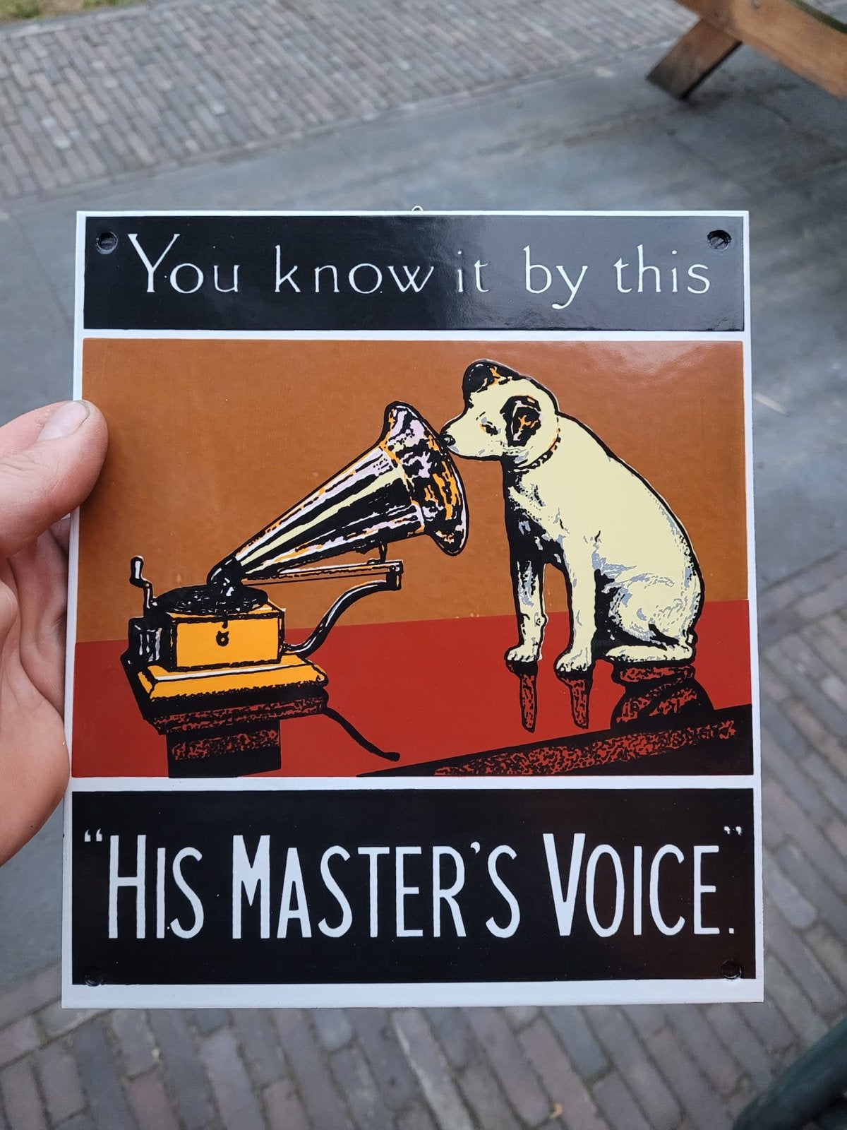 Vintage 'His Master's Voice' emaille reclamebord, Ophalen of Verzenden