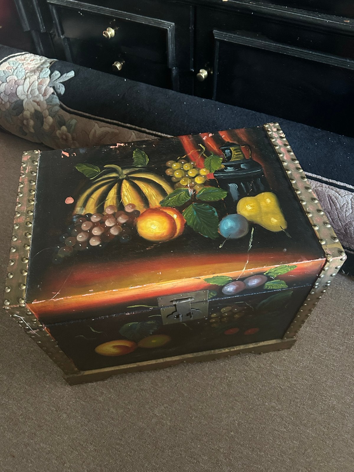 Unieke vintage handbeschilderde opbergkist, Antiek en Kunst, Ophalen