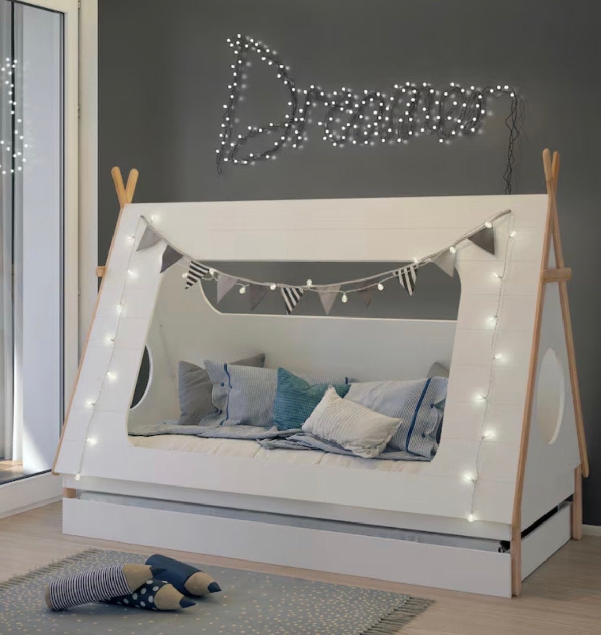 Tipi bed zonder lade - Wit/Hout - 90x200 cm, Ophalen, Gebruikt, 90 cm, Eenpersoons