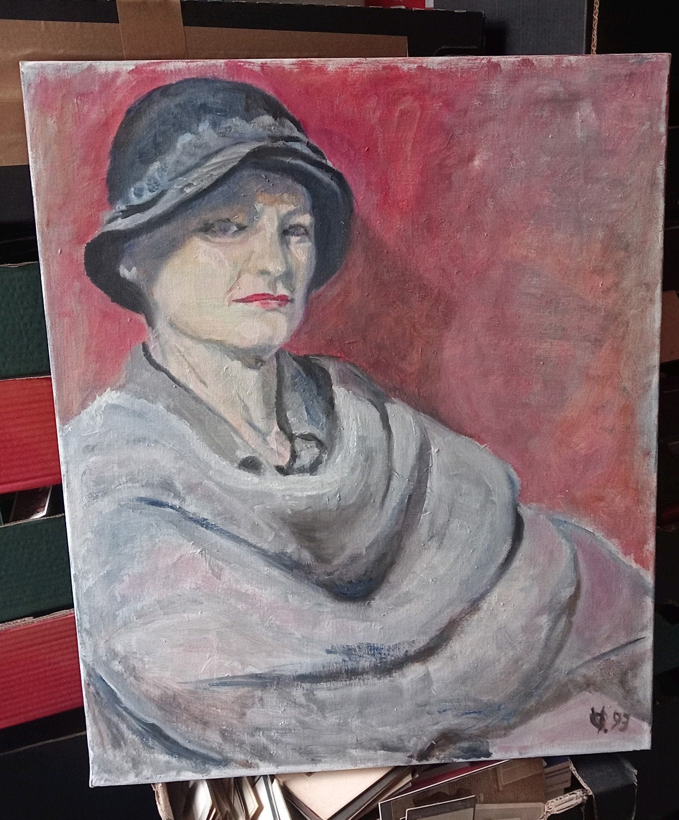 Olieverf schilderij portret vrouw met hoed, Ophalen of Verzenden