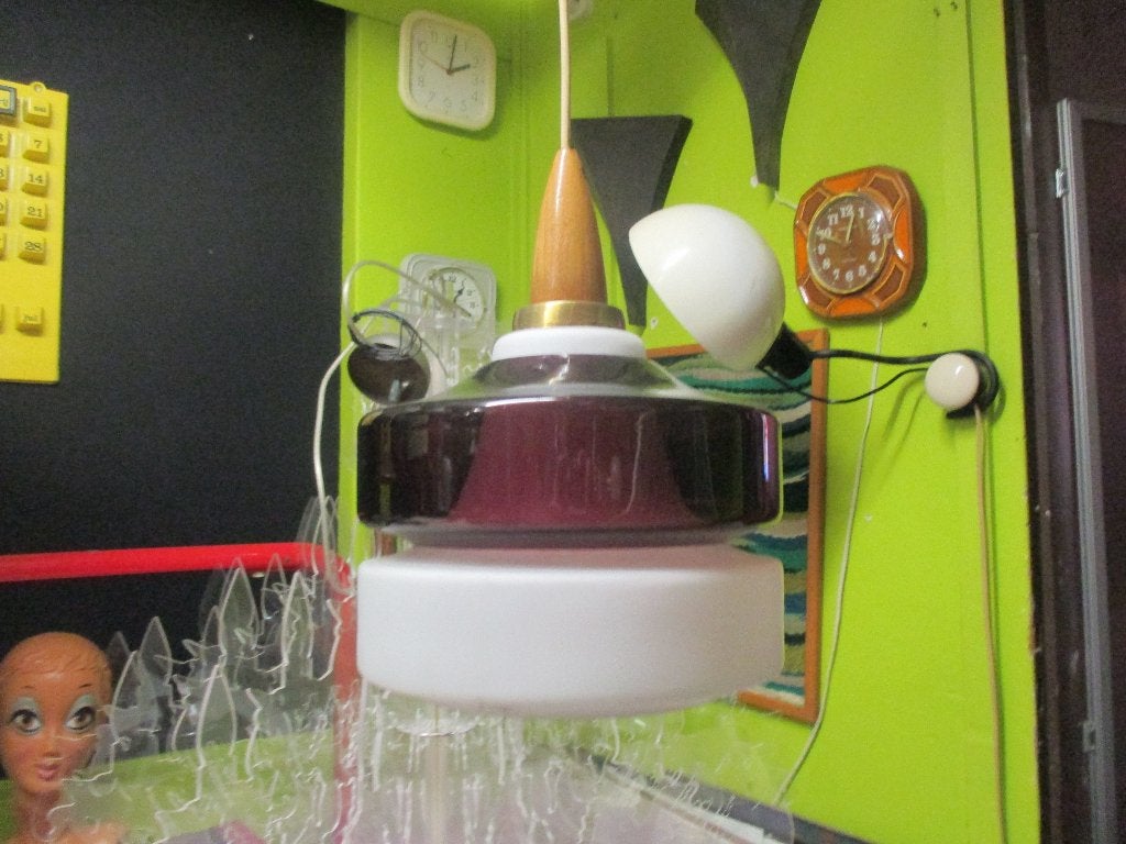 jaren 60 70 Deens design hanglamp retro paars wit glas 30 cm, Huis en Inrichting, Lampen | Hanglampen, Gebruikt, ?, Glas, ?
