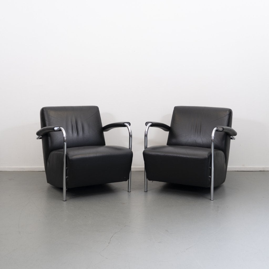 2x Leolux Scylla fauteuils zwart leder - chroom buisframe, Huis en Inrichting, Fauteuils, Niet ingevuld, Niet ingevuld, Leer, Ophalen of Verzenden