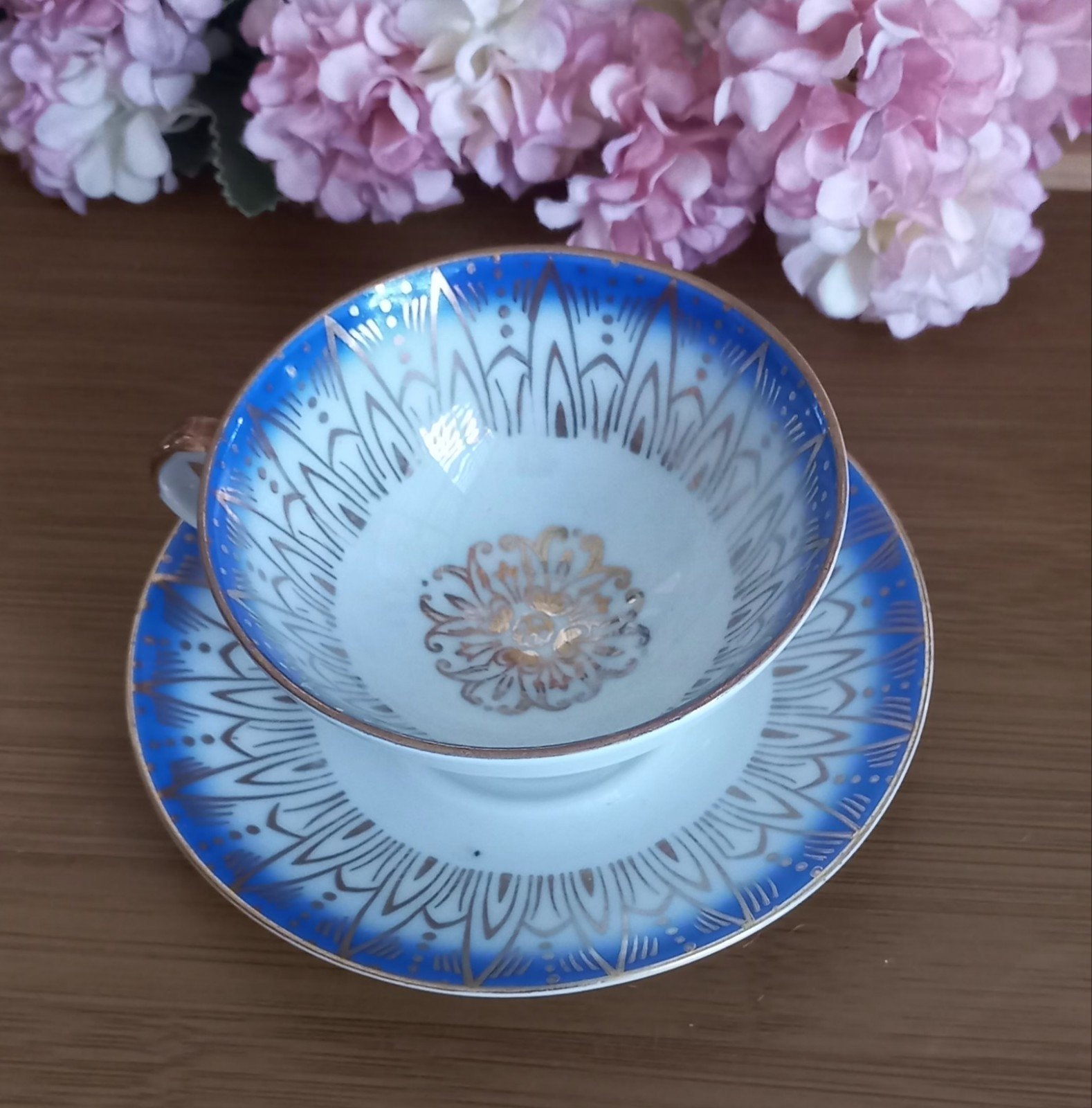 Mooi brocant mokka-kopje met schoteltje, blauw, Bavaria, Ophalen of Verzenden