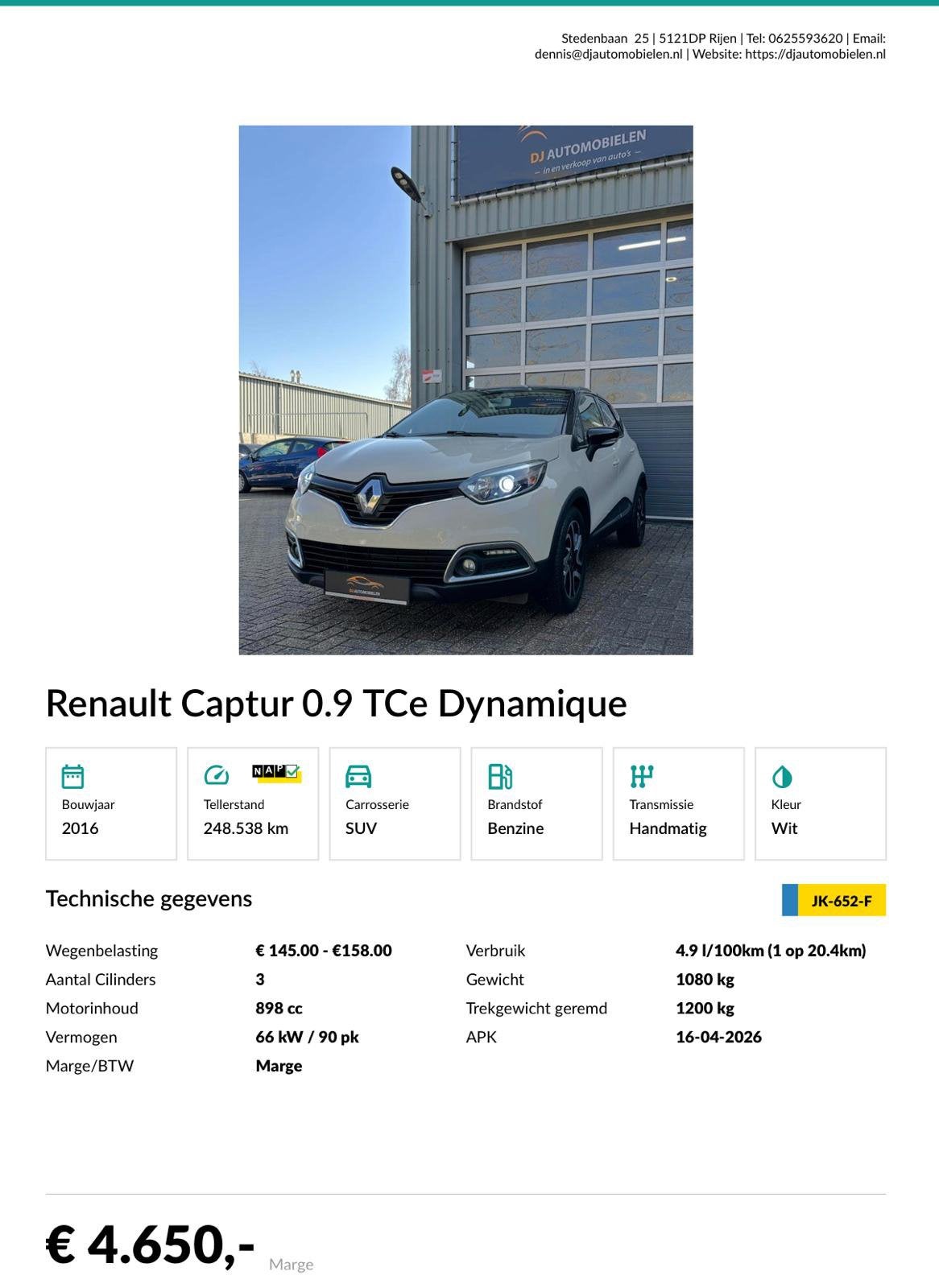 Renault Captur 0.9 TCE 90 2016 Wit, Auto's, Voorwielaandrijving, 898 cc, Stof, Origineel Nederlands
