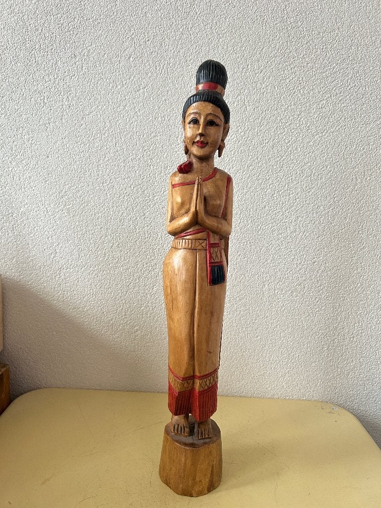 Prachtig Thais Sawasdee Welkomstbeeld – Hout - 50 cm, Houtsnijwerk, Handgemaakt, Hout, Bruin