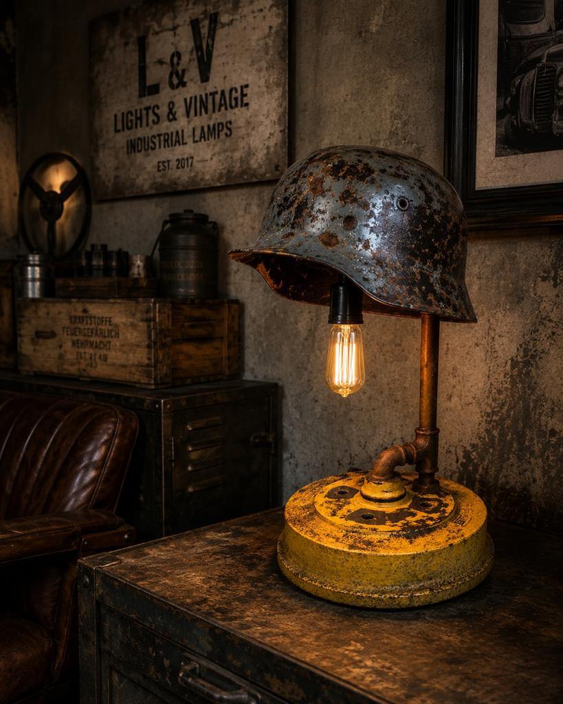 Unieke industriële lamp M40 Stahlhelm op VW Kever remtrommel, Huis en Inrichting, Lampen | Tafellampen, Nieuw, Ophalen of Verzenden