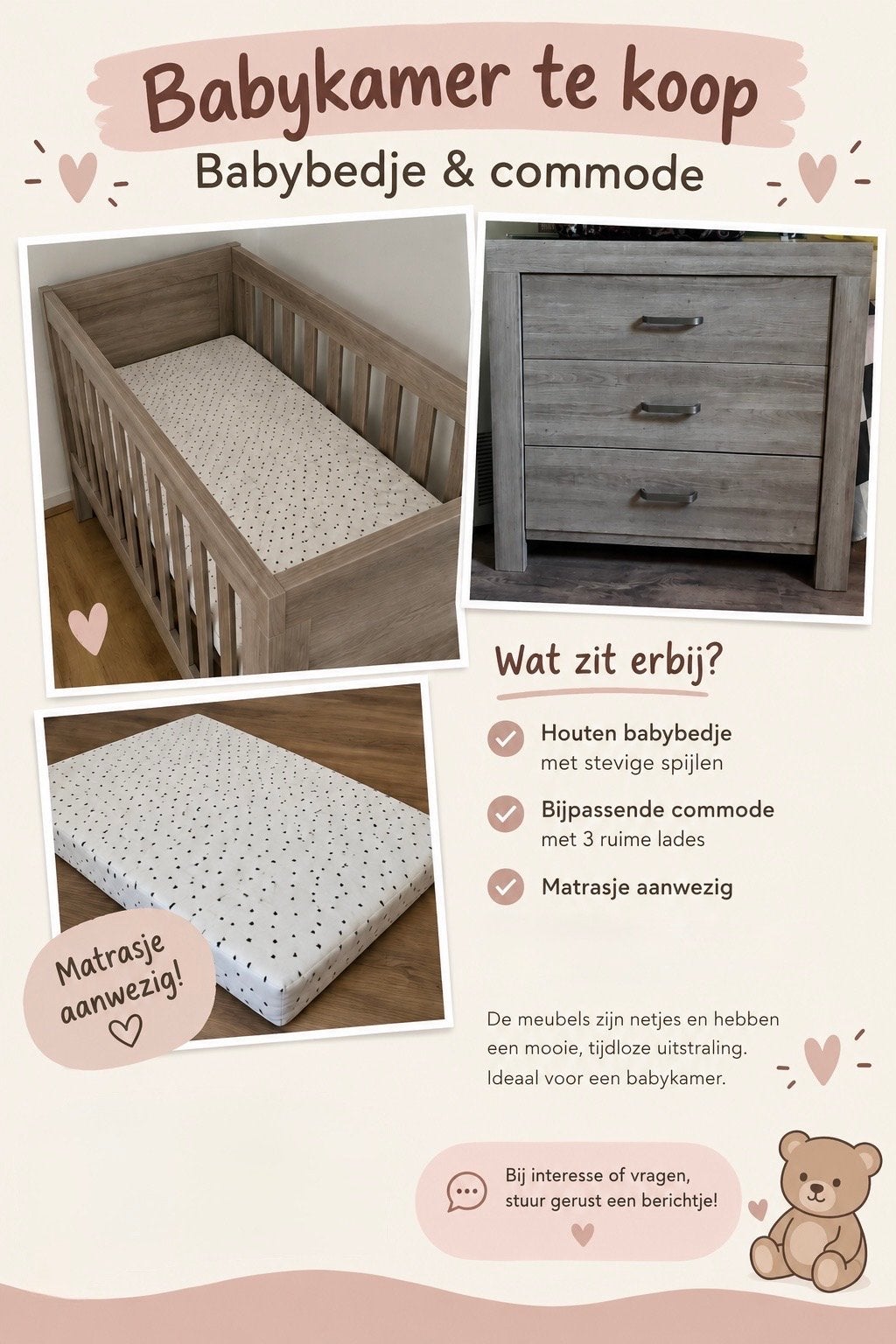 Babykamer: Ledikant & Commode met Matrasje, Ophalen, Zo goed als nieuw, Jongetje of Meisje