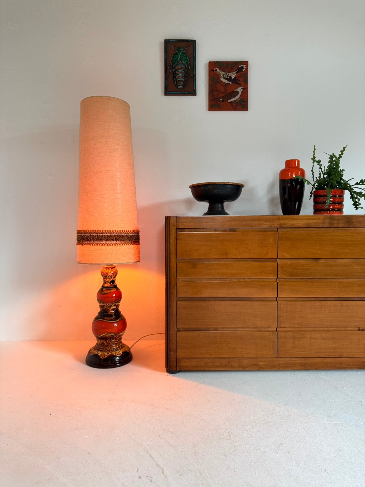 Vintage XL keramieken bubble vloerlamp, West Germany ‘60, Vintage retro buisframe design rotan webbing papercord deens, West Germany