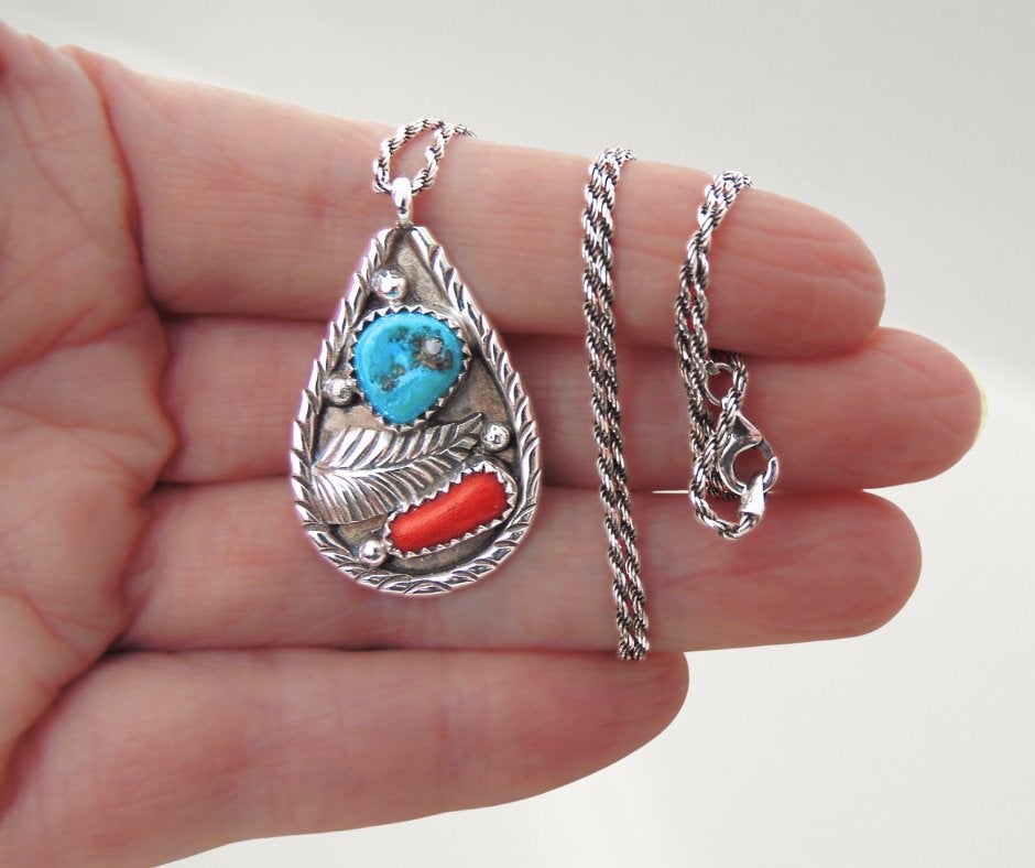 Prachtige grote zilveren NAVAJO turquoise koraal hanger!, Verzenden, Zo goed als nieuw, X, Met edelsteen