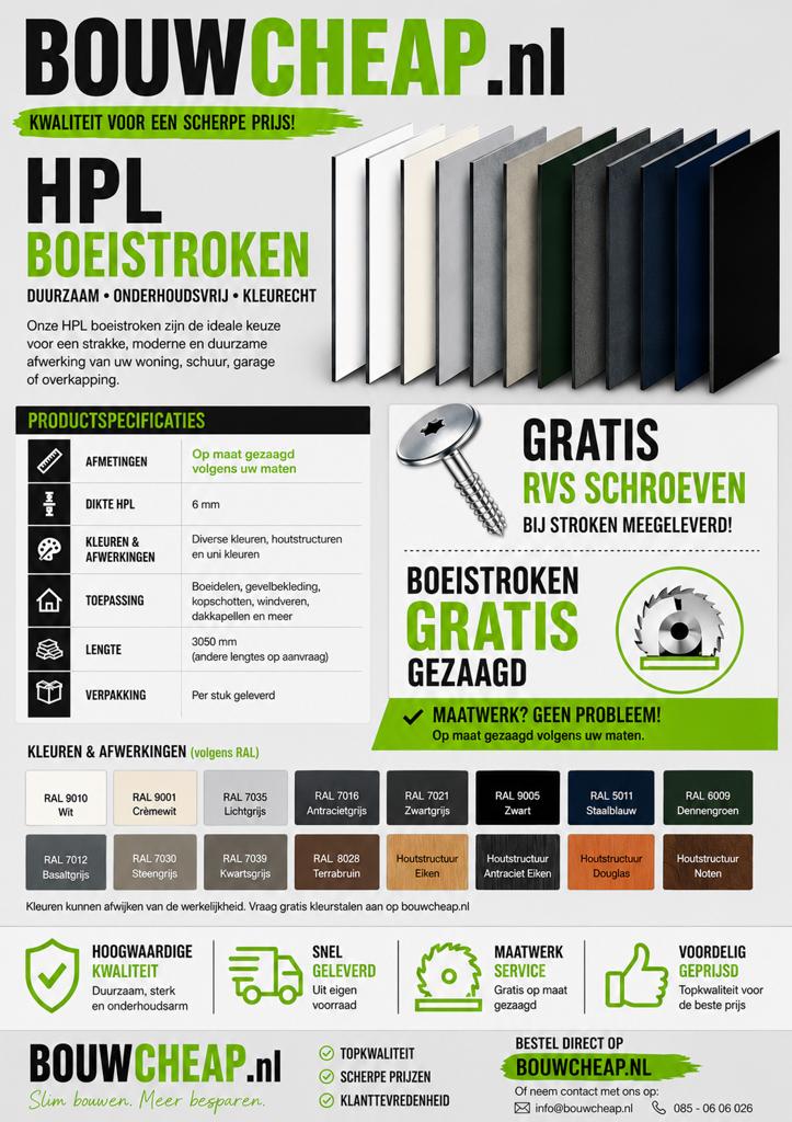 HPL stroken netjes op maat aangeleverd.