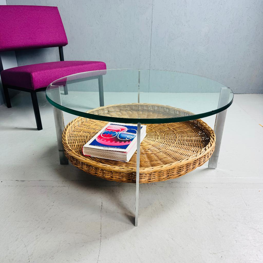 70's salontafel Vintage, Huis en Inrichting, Tafels | Salontafels, Gebruikt, 50 tot 100 cm, 50 tot 100 cm, Rond, Glas, Metaal