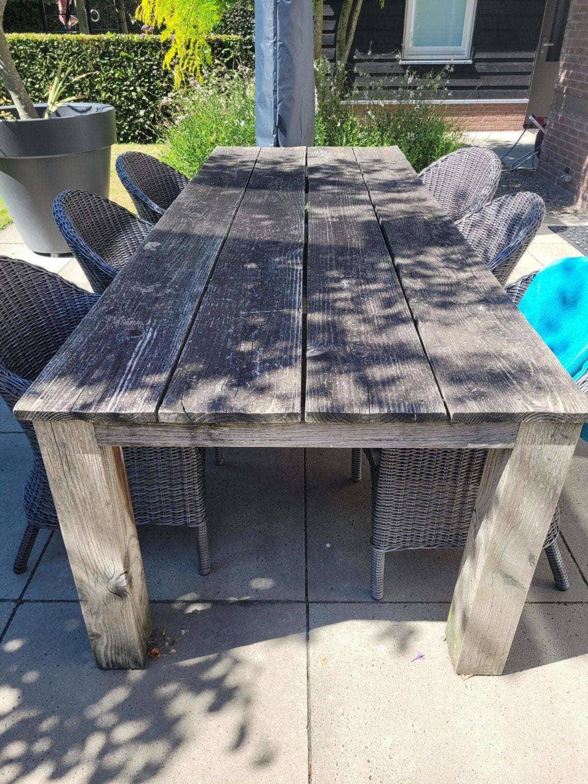 Douglas houten tuintafel met 6 stoelen en kussens, Tuin en Terras, Tuinsets en Loungesets, Ophalen, Gebruikt, 6 zitplaatsen, Tuinset