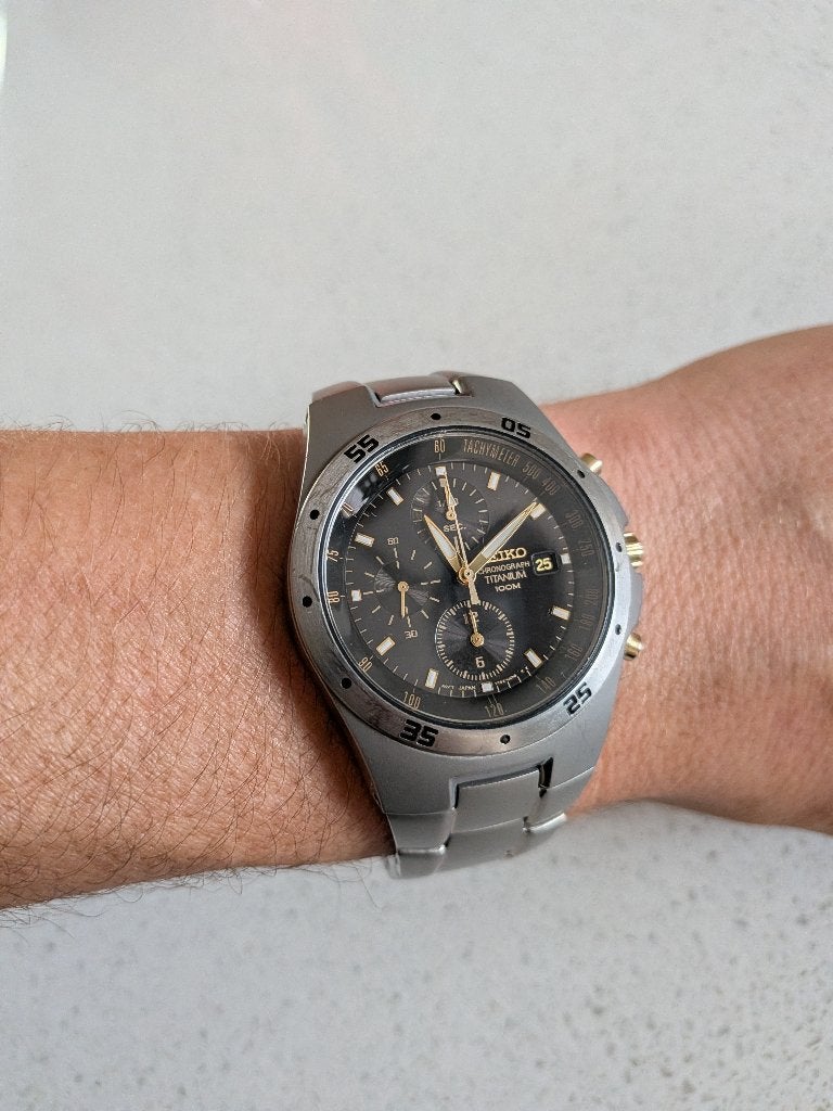 Seiko SND451P1 Chronograph Two Tone Titanium, Gebruikt, Polshorloge, Overige materialen, Ophalen of Verzenden