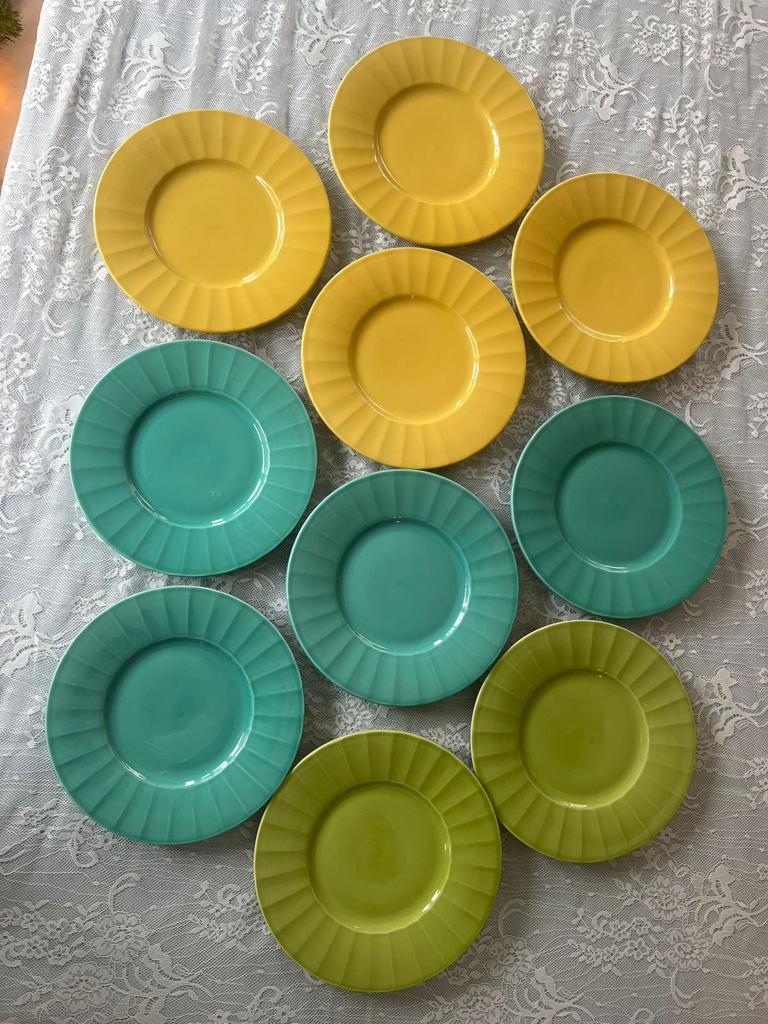 Set 10-delig vintage look dessertbordjes | pastel kleuren, Huis en Inrichting, Keuken | Servies, Gebruikt, Keramiek, Ophalen of Verzenden