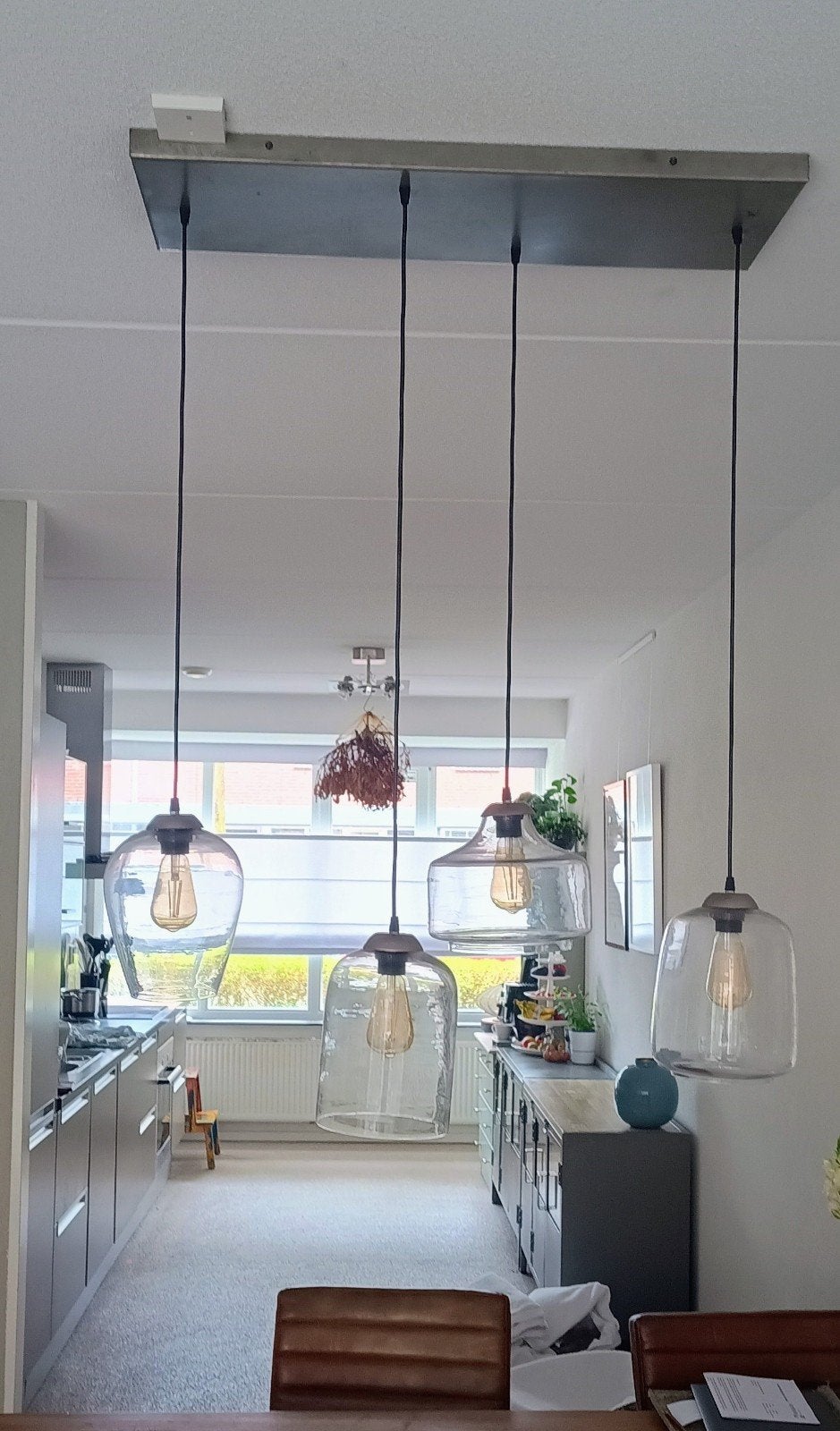 mooie hanglamp met 4 verschillende glazen kappen, Ophalen, Overige typen, Gebruikt, Overige merken