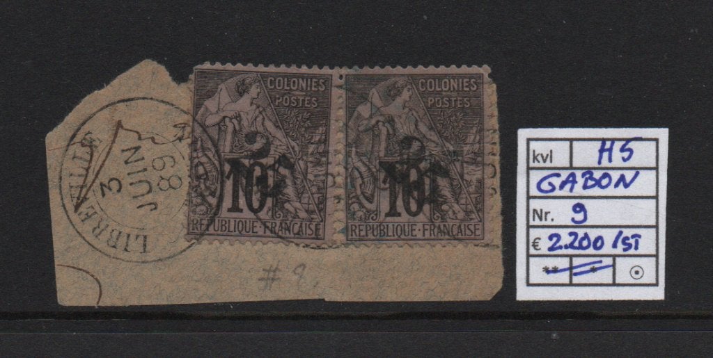 H5) Franse kol. 2x Gabon nr 9 op briefstukje ZEER ZELDZAAM, Ophalen of Verzenden, Overige landen, Gestempeld