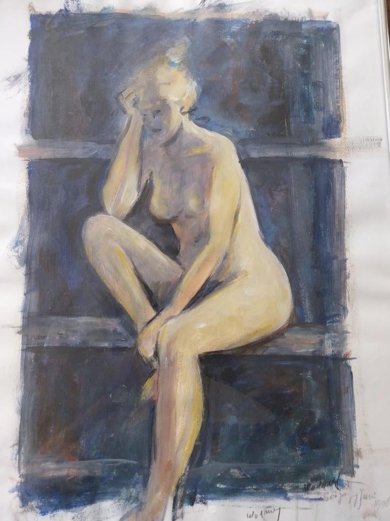 Originele aquarel naakt op de trap W.vd Mey, Ophalen of Verzenden