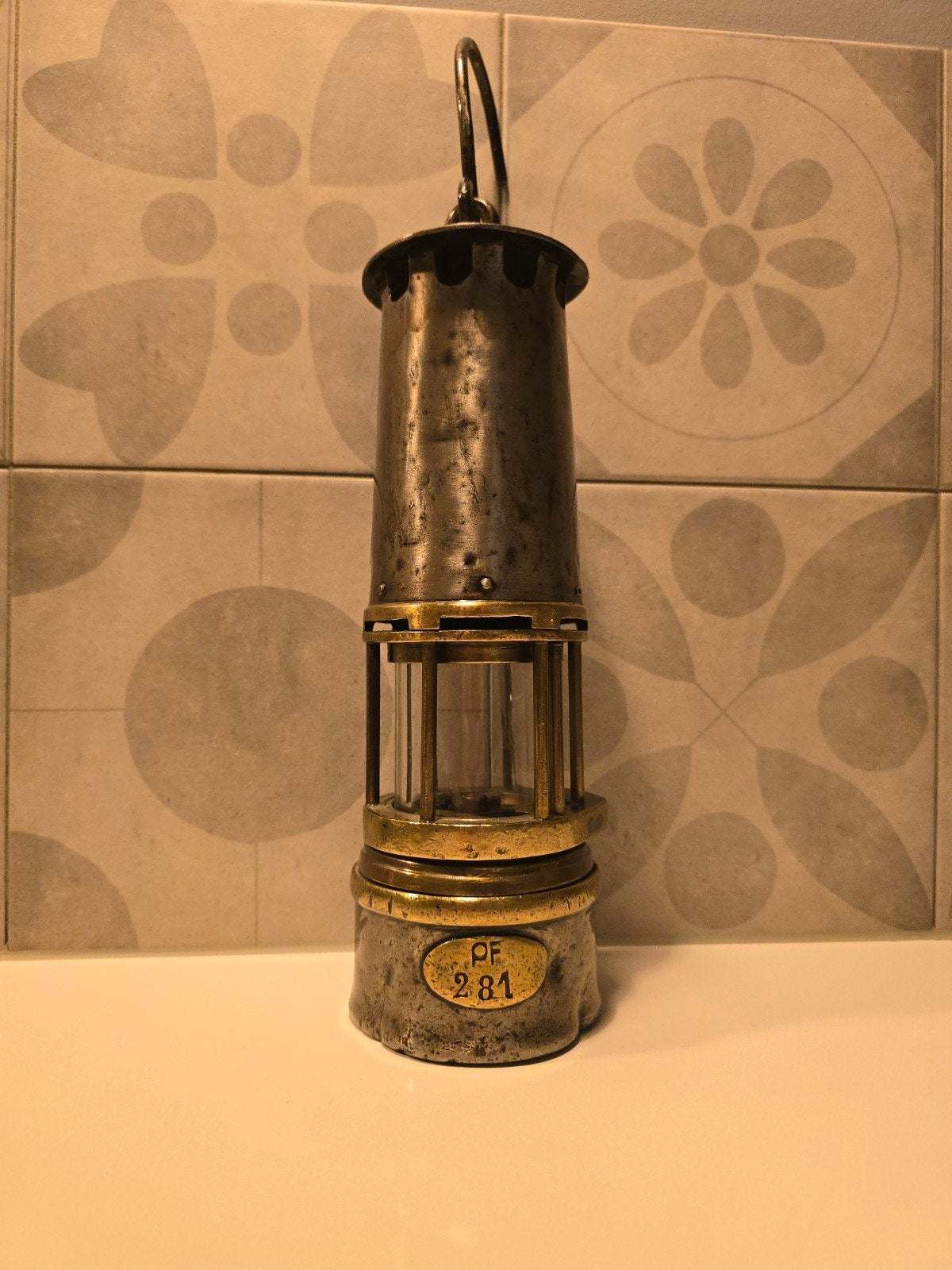 antieke koperen mijnwerkerslamp met Val Saint Lambert glas, Antiek en Kunst, Ophalen of Verzenden