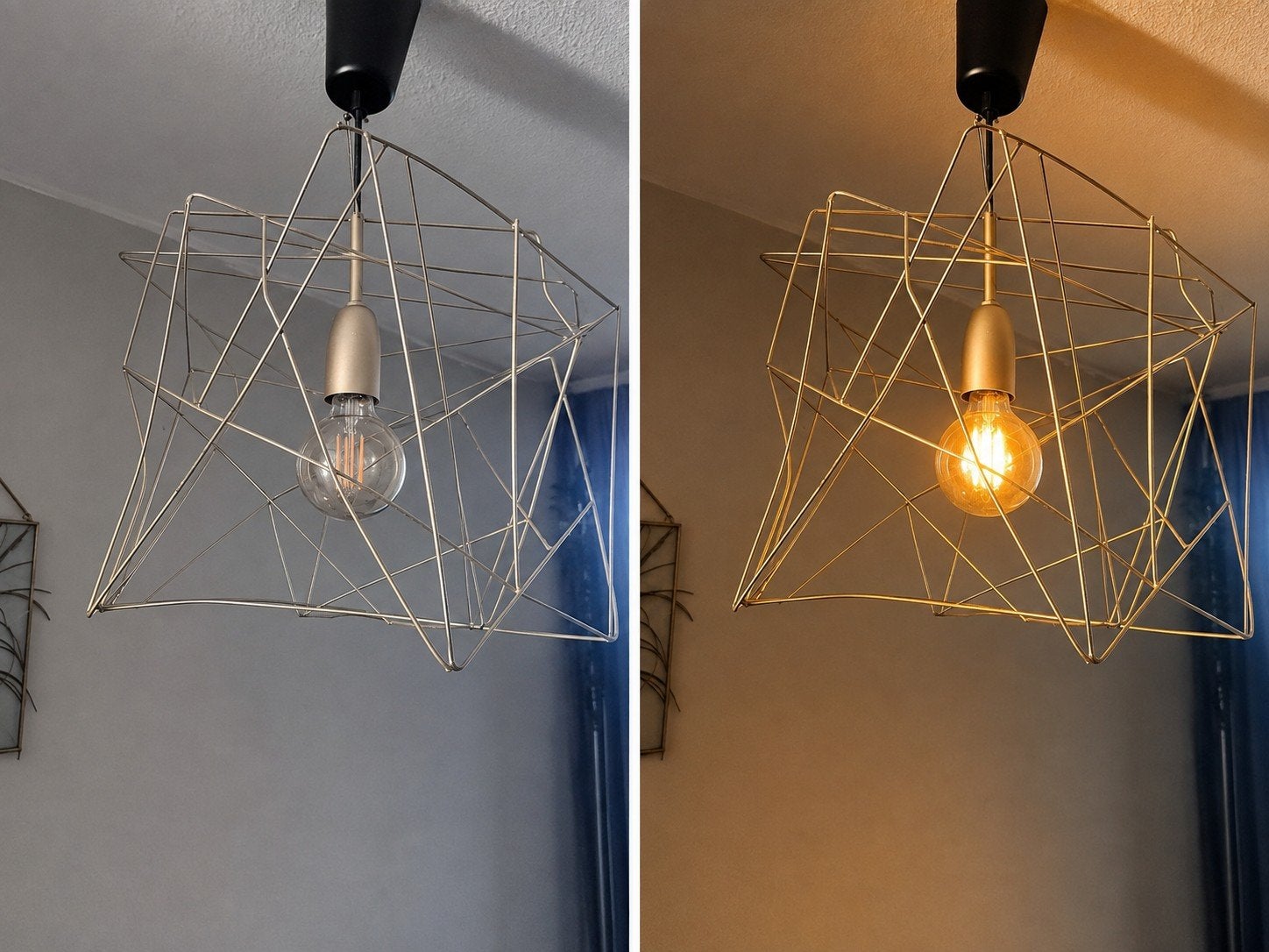 Geometrische metalen draad hanglamp. Goudkleurig., Ophalen, E27 (groot), Metaal, Modern, Geometrisch
