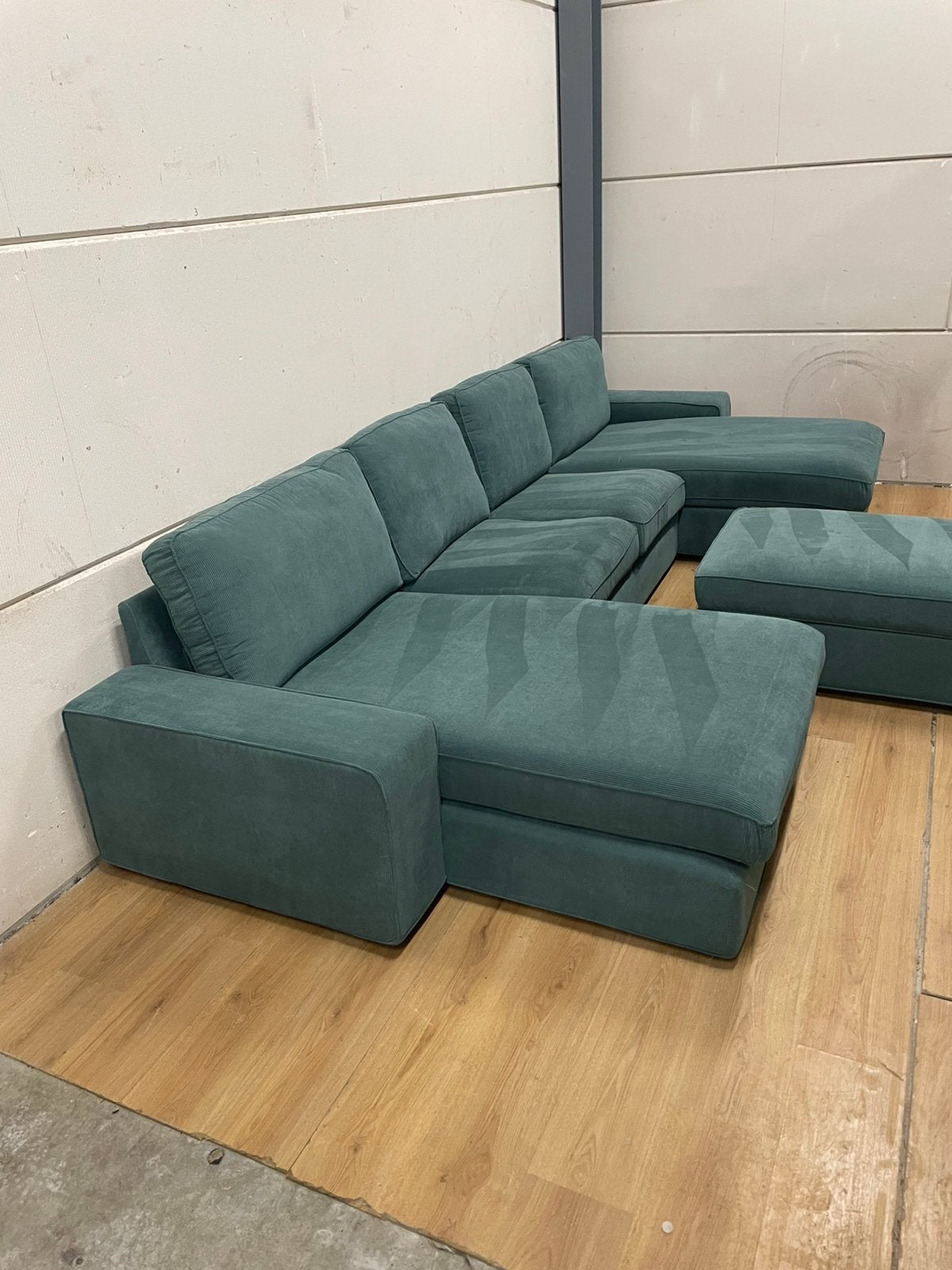 Mooie luxe groen blauwe ribstof u bank met hocker GEREINIGD!, Ophalen, Luxe, Hoekbank, 300 cm of meer